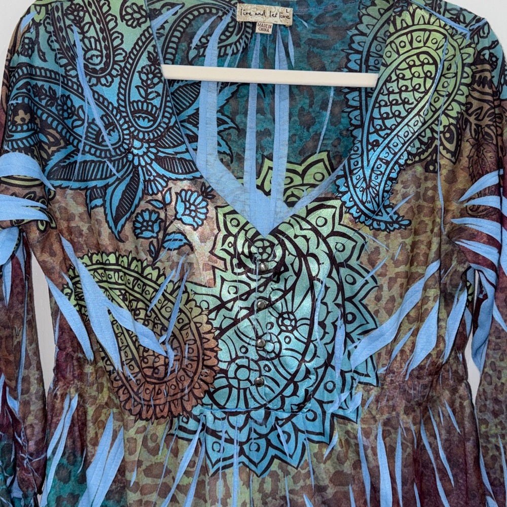 Live and Let Live paisley bring very babydoll style 3/4 length sleeves blouse L - Picture 2 of 6